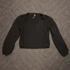 Free people knit Black V-Neck Women's crop sweater Top 100% cotton size XS